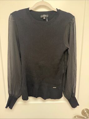 DKNY Black Ribbed Knit Top with Sheer Long Sleeves